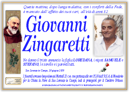 manifesto funebre di Zingaretti Giovanni