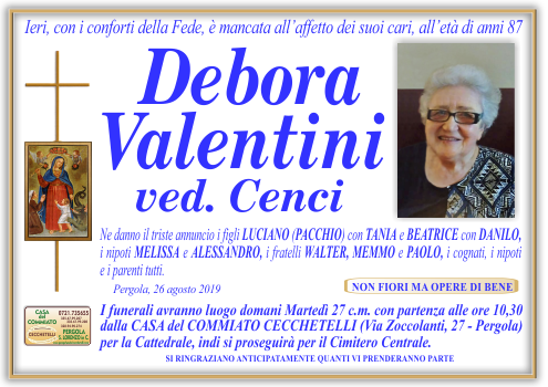 manifesto funebre di Valentini Debora