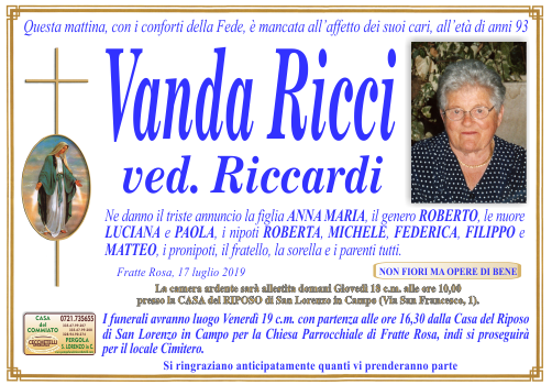 manifesto funebre di Ricci Vanda