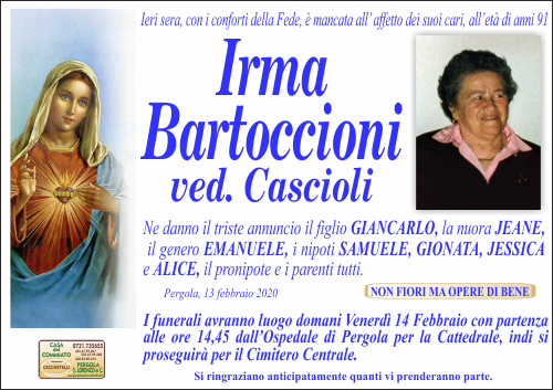 manifesto funebre di Bartoccioni Irma