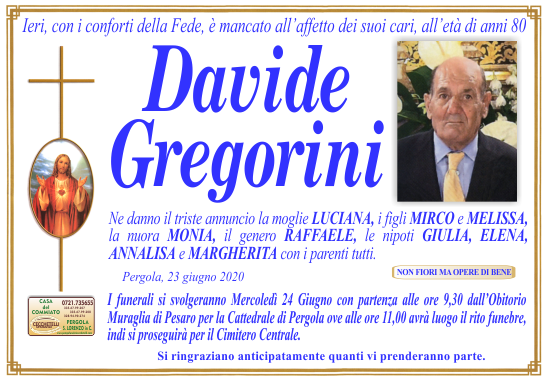 manifesto funebre di Gregorini Davide