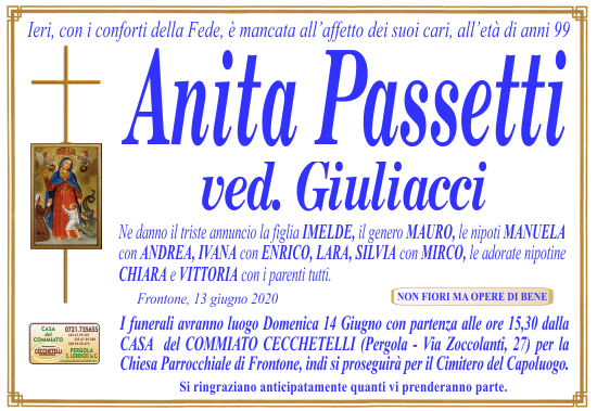 manifesto funebre di Passetti Anita
