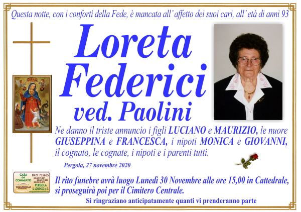 manifesto funebre di Federici Loreta