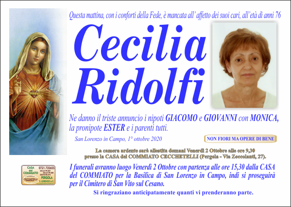 manifesto funebre di Ridolfi Cecilia