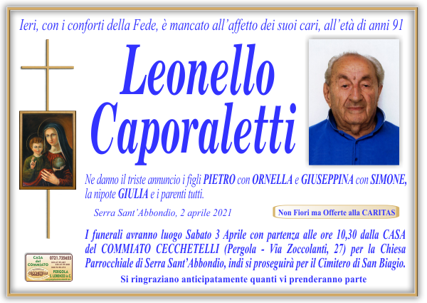 manifesto funebre di Caporaletti Leonello