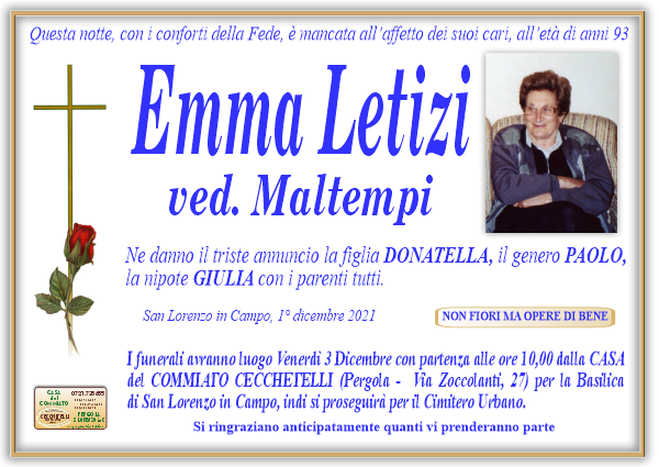 manifesto funebre di Letizi Emma