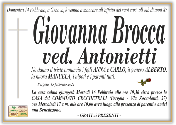 manifesto funebre di Brocca Giovanna