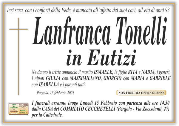 manifesto funebre di Tonelli Lanfranca