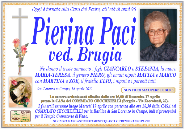 manifesto funebre di Paci Pierina