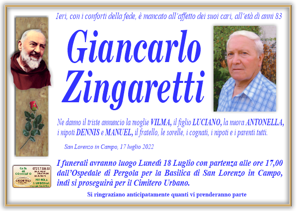 manifesto funebre di Zingaretti Giancarlo