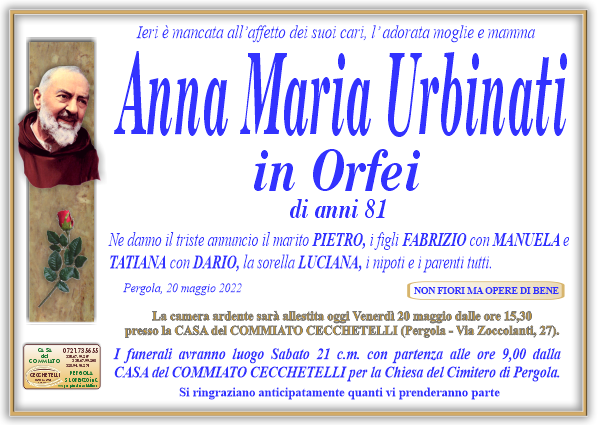 manifesto funebre di Urbinati Anna Maria