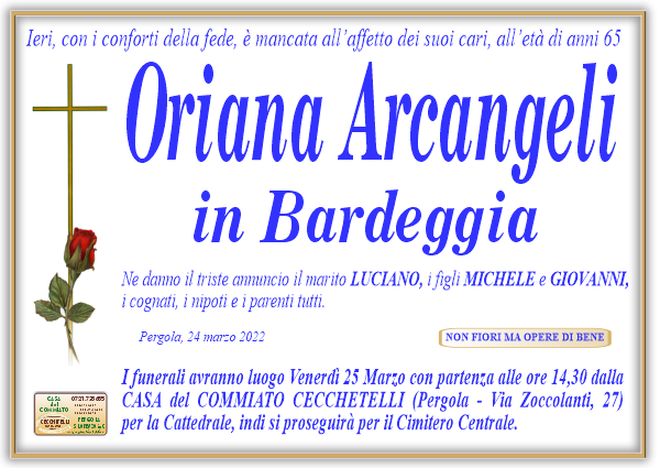 manifesto funebre di Arcangeli Oriana