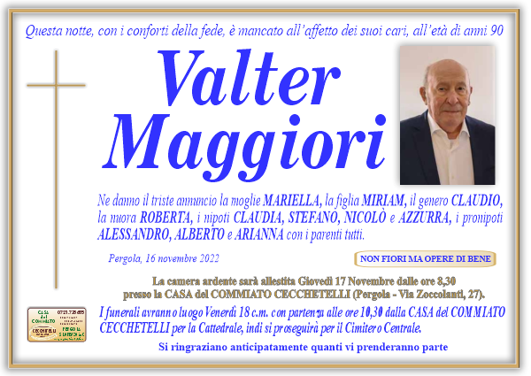 manifesto funebre di Maggiori Valter