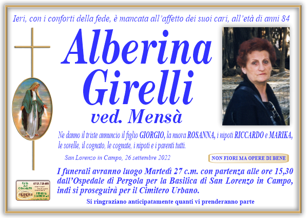 Necrologio di Alberina Girelli. I funerali avranno luogo Martedi 27 c.m.  alle ore 15,30