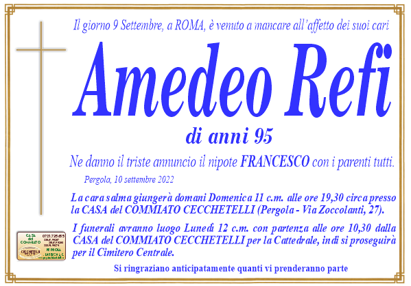 manifesto funebre di Refi Amedeo