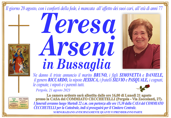 manifesto funebre di Teresa Arseni