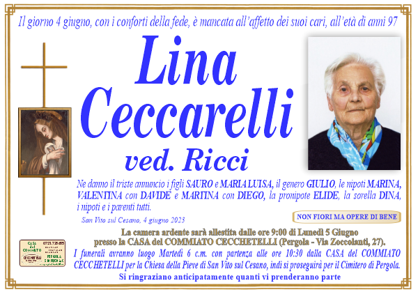 Necrologio di Lina Ceccarelli. I funerali avranno luogo Martedi 6 Giugno  alle ore 10:30