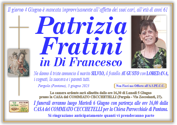 manifesto funebre di Fratini Patrizia