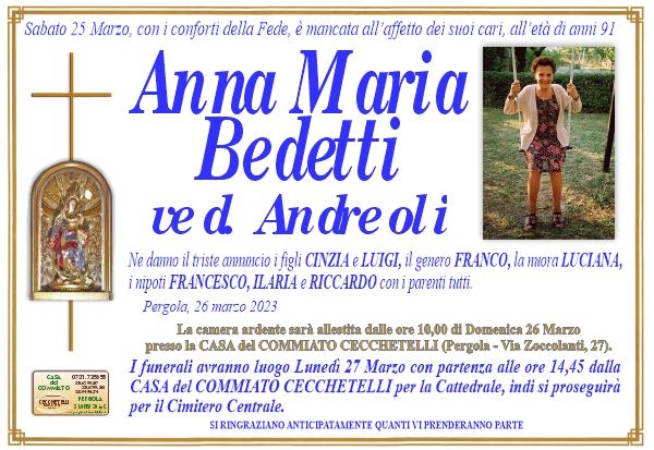 manifesto funebre di Bedetti Anna Maria