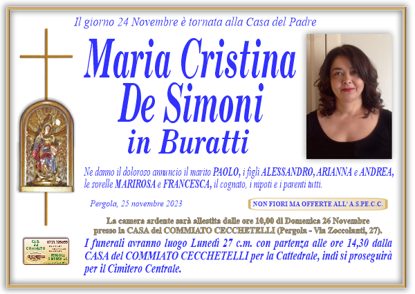 manifesto funebre di De Simoni Maria Cristina