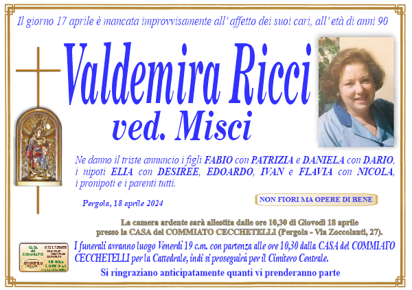 manifesto funebre di Ricci Valdemira