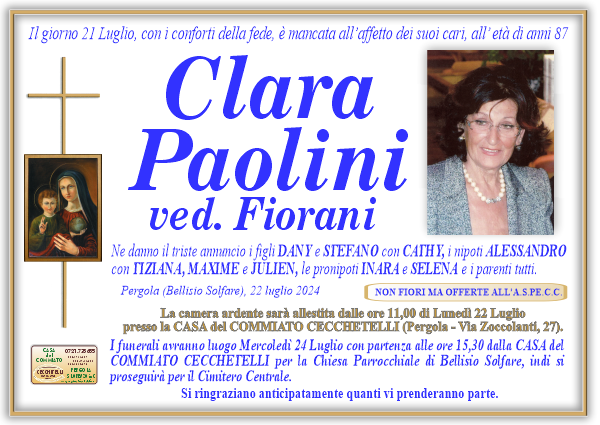 manifesto funebre di Paolini Clara