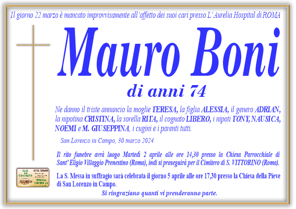 manifesto funebre di Boni Mauro