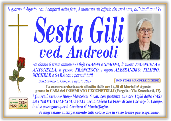 Necrologio di Sesta Gili. I funerali avranno luogo Mercoledi 6 Agosto  alle ore 10,00