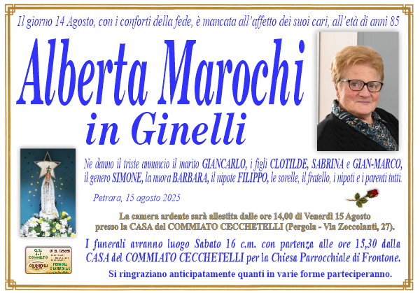 Necrologio di Alberta Marochi. I funerali avranno luogo Sabato 16 Agosto  alle ore 15,30