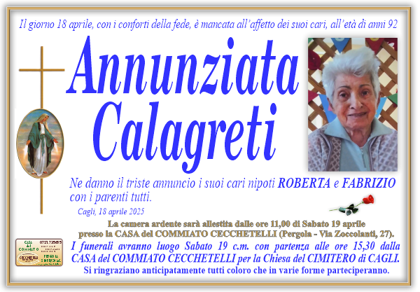 Necrologio di Annunziata Calagreti. I funerali avranno luogo Sabato 19 Aprile  alle ore 15,30