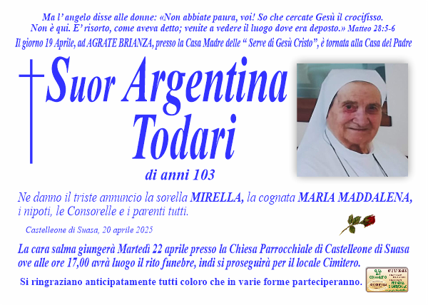 manifesto funebre di Todari Suor Argentina