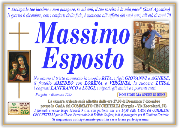 Necrologio di Massimo Esposto. I funerali avranno luogo Martedi 9 Dicembre  alle ore 14,30
