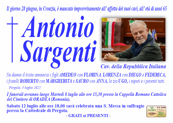 manifesto funebre di Sargenti Antonio