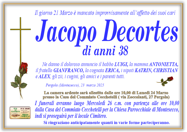 manifesto funebre di Decortes Jacopo