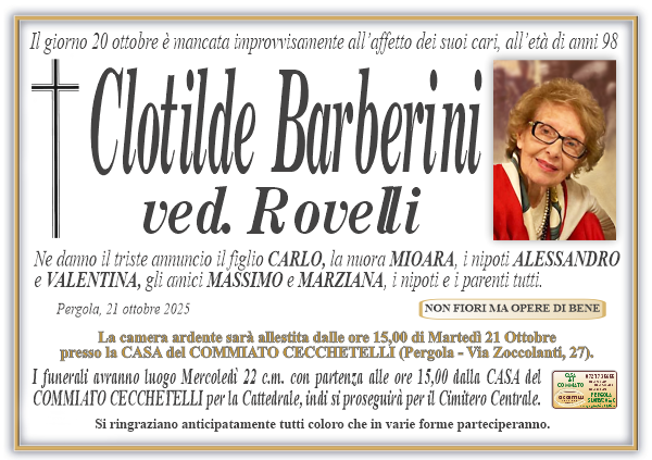 Necrologio di Clotilde Barberini. I funerali avranno luogo Mercoledi 22 Ottobre  alle ore 15,00