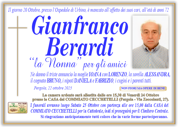 Necrologio di Gianfranco Berardi. I funerali avranno luogo Sabato 25 Ottobre  alle ore 15,00