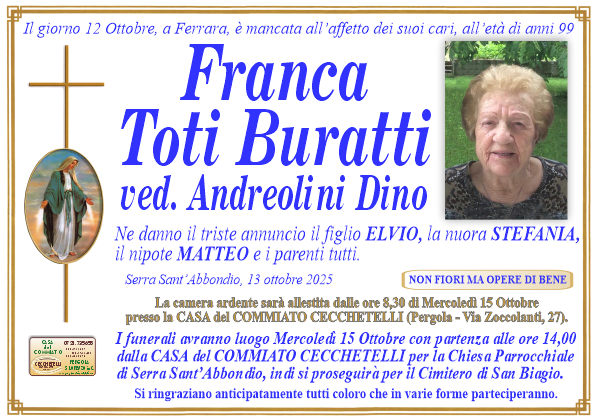 manifesto funebre di Toti Buratti Franca