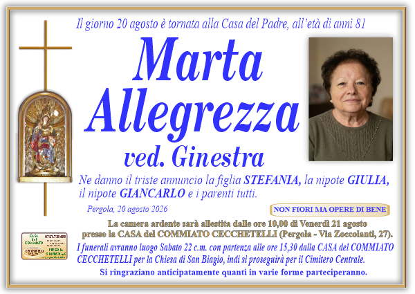 Necrologio di Marta Allegrezza. I funerali avranno luogo Sabato 22 Agosto  alle ore 15,30
