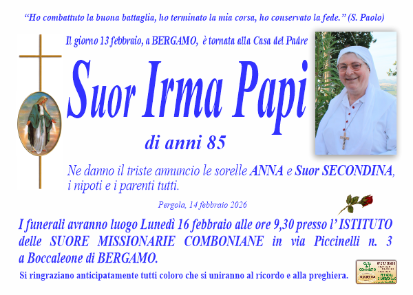 Necrologio di Suor Irma Papi