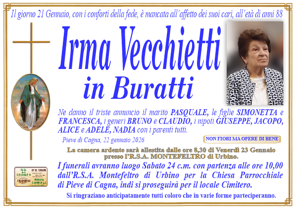 Necrologio di Irma Vecchietti. I funerali avranno luogo Sabato 24 Gennaio  alle ore 10,00
