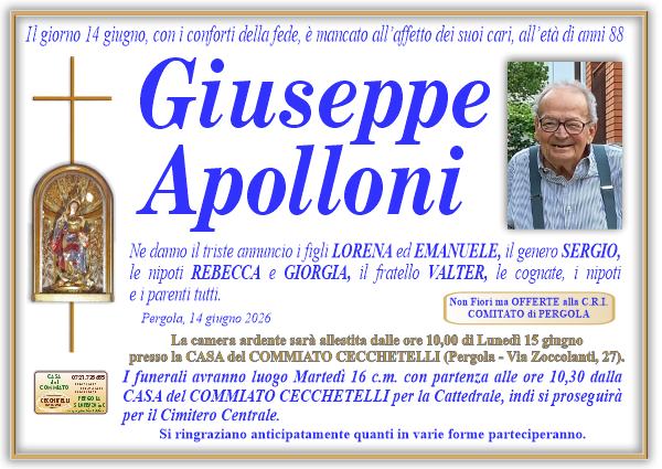 Necrologio di Giuseppe Apolloni. I funerali avranno luogo Martedi 16 Giugno  alle ore 10,30