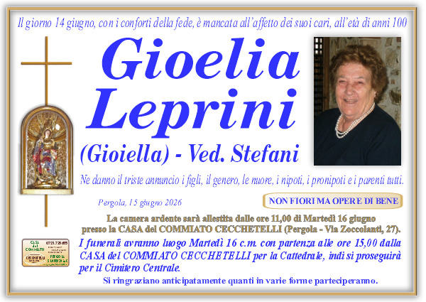 Necrologio di Gioelia Leprini. I funerali avranno luogo Martedi 16 Giugno  alle ore 15,00