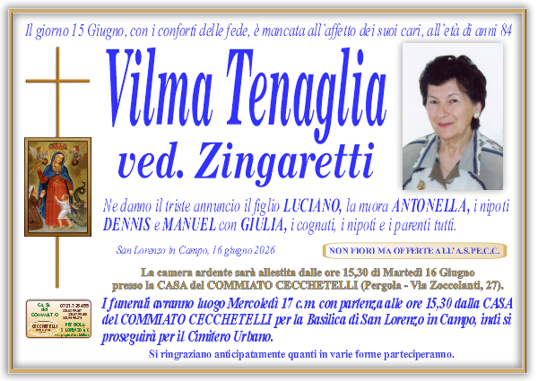 Necrologio di Vilma Tenaglia. I funerali avranno luogo Mercoledi 17 Giugno  alle ore 15,30