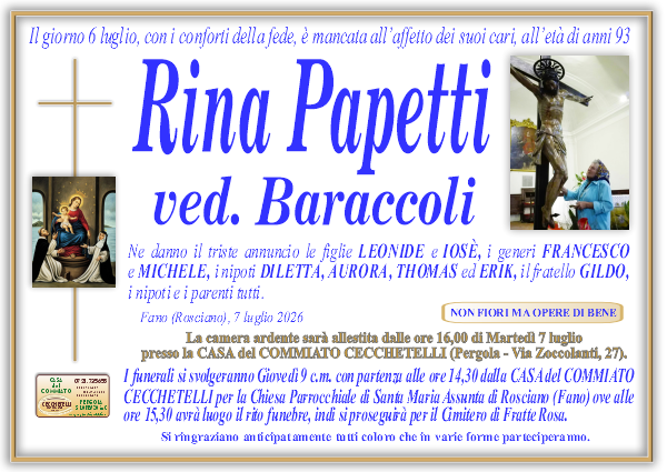 manifesto funebre di Papetti Rina