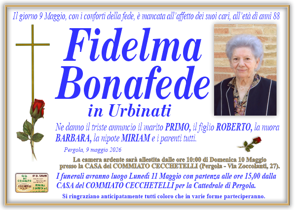 Necrologio di Fidelma Bonafede. I funerali avranno luogo Lunedi 11 Maggio  alle ore 15,00