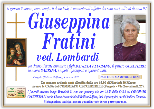 Necrologio di Giuseppina Fratini. I funerali avranno luogo Mercoledi 11 Marzo  alle ore 14,30