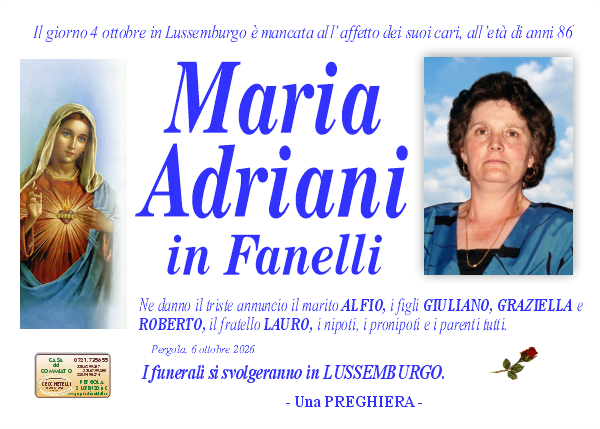 Necrologio di Maria Adriani. I funerali si svolgeranno in LUSSEMBURGO.
